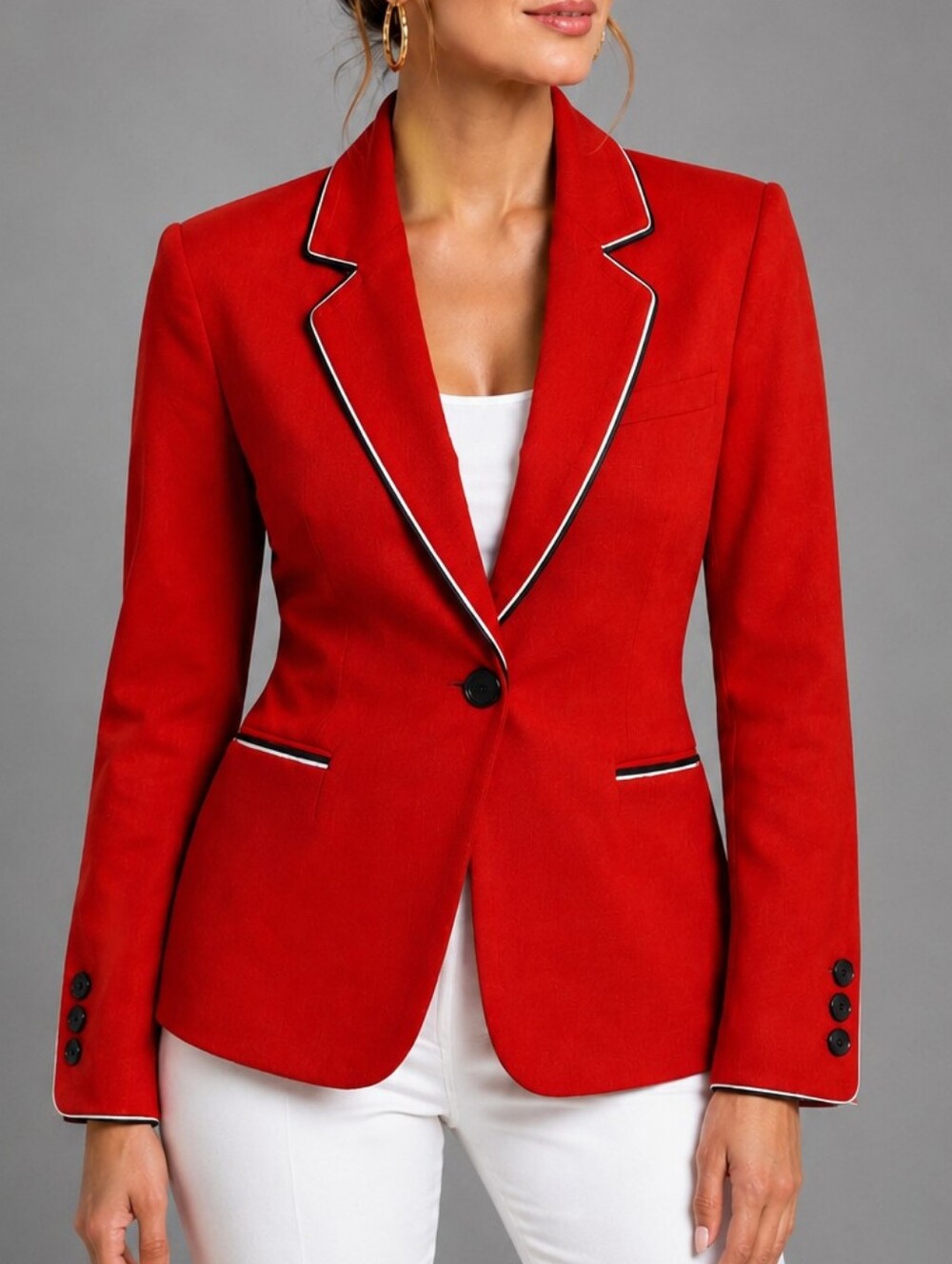 Boden Lilah Red Tailored Blazer Black/White Piping Single Button Women Size 4R